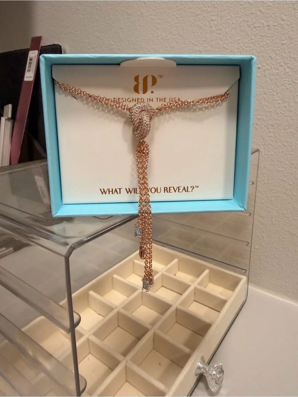 BP NWT Rose Gold Knot Tassel Lariat Necklace -“She’s Classic” March 26 Birthday